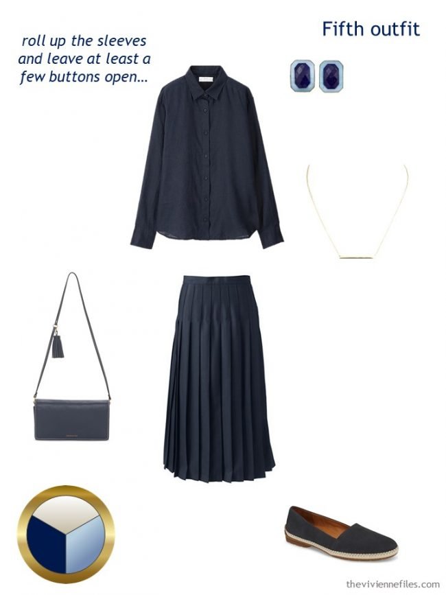 9. navy shirt and skirt outfit