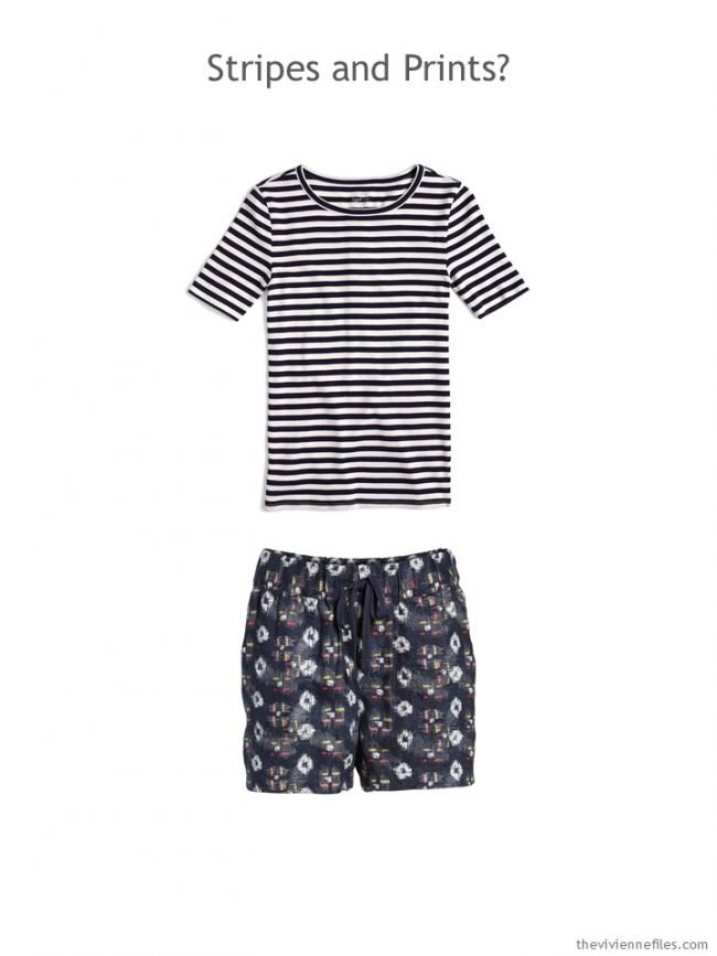 1. navy striped tee and navy print shorts