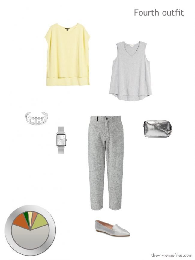 10. yellow and grey tops with grey pants and accessories