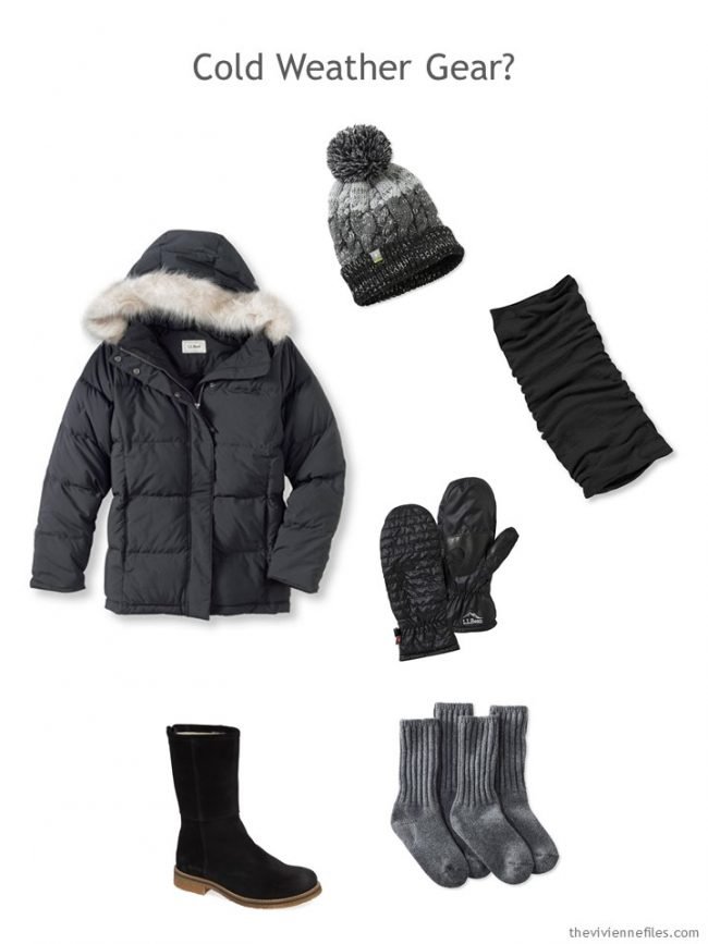 11. black parka and winter accessories