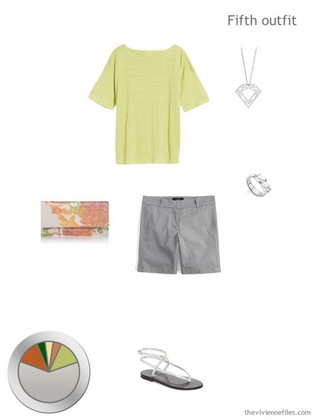 11. green tee with grey shorts and accessories