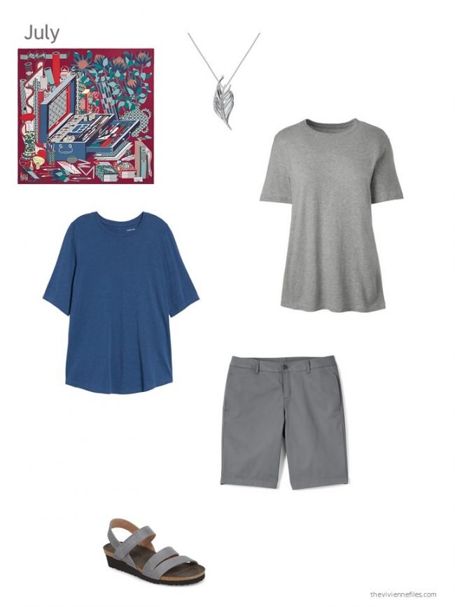 11.blue tee shirt, grey tee, grey shorts