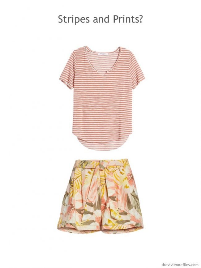 2. coral striped tee and coral print shorts