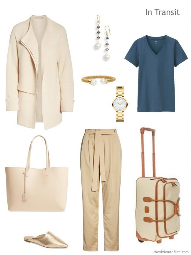 2. travel outfit in beige and blue