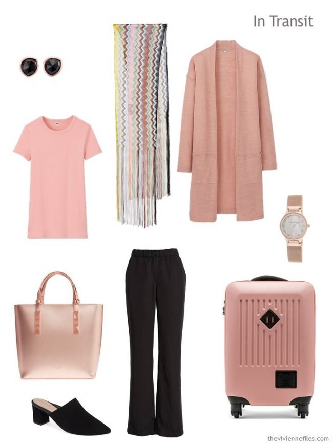 2. travel outfit in blush pink and black