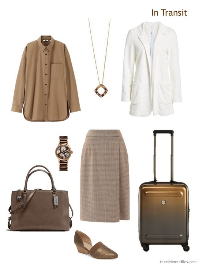 2. travel outfit in brown and ivory