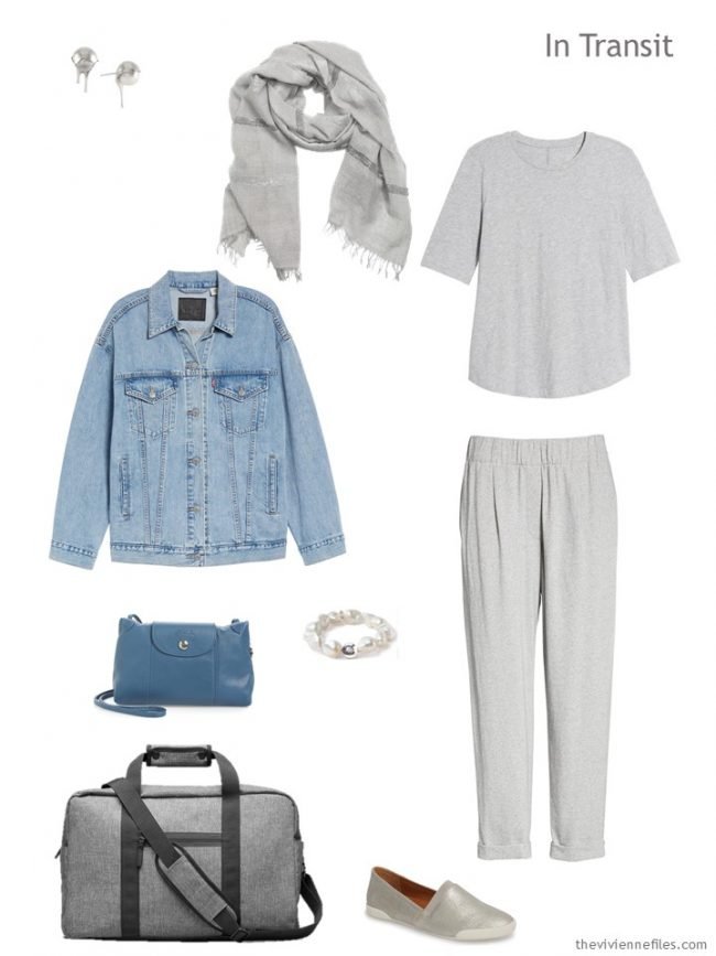 2. travel outfit in grey and denim