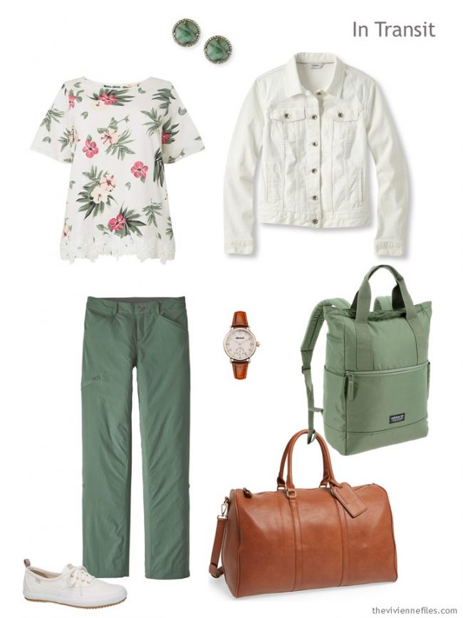 2. travel outfit in ivory and green