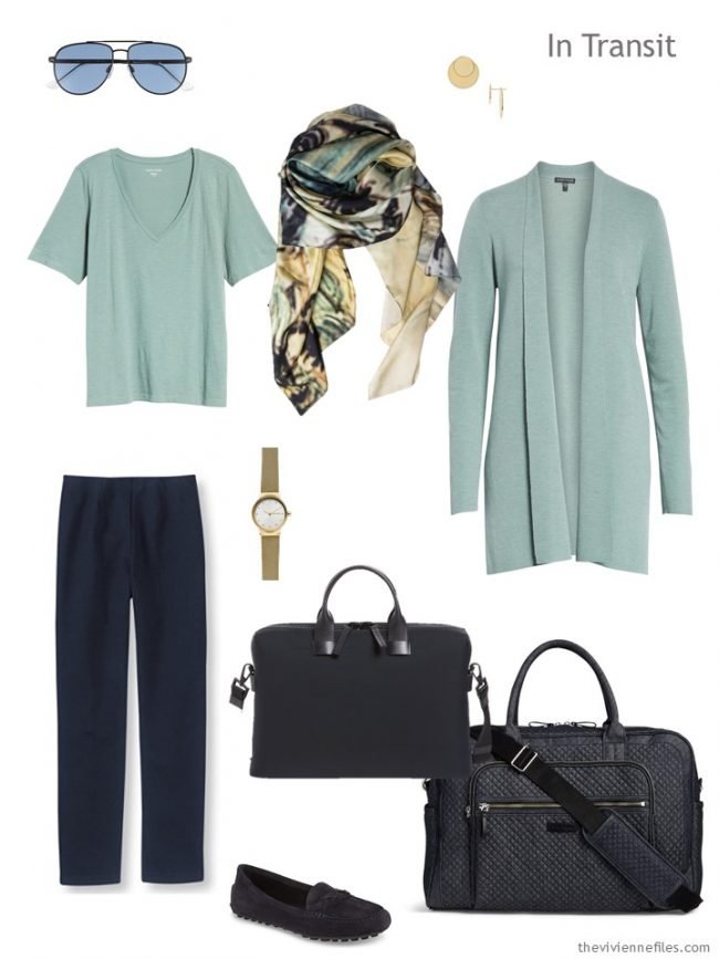 2. travel outfit in navy and soft green