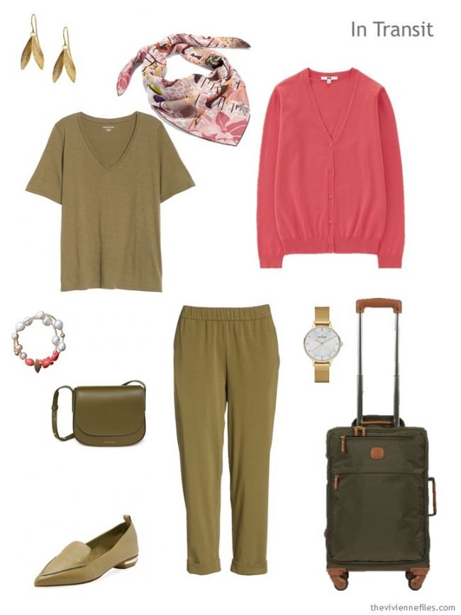 2. travel outfit in olive and coral pink