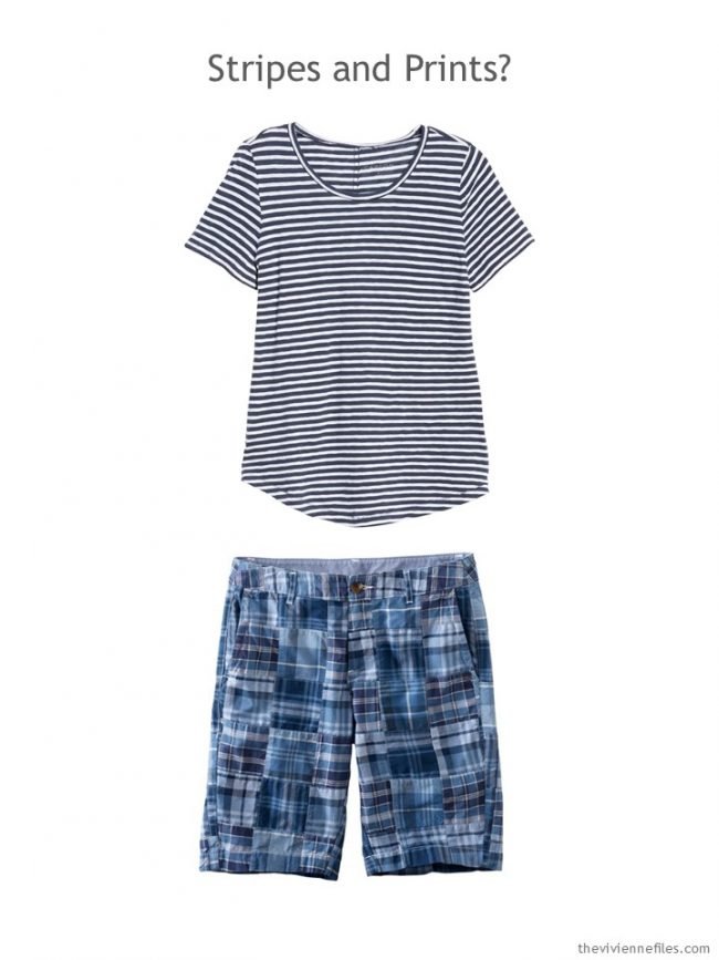 3. blue striped tee and blue patchwork shorts