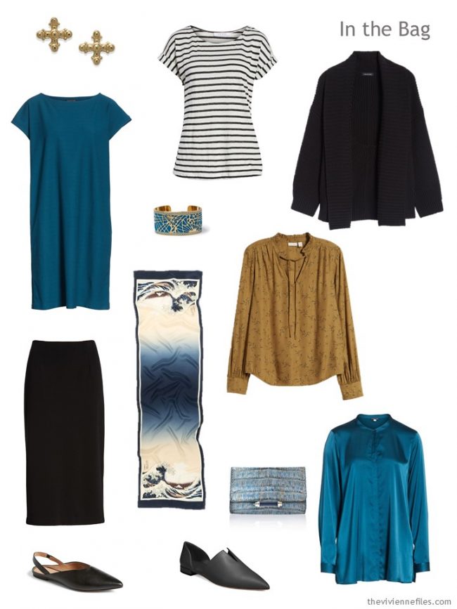 3. travel capsule wardrobe in black, teal and camel