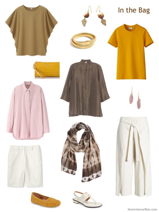 3. travel capsule wardrobe in brown, ivory, pink and gold