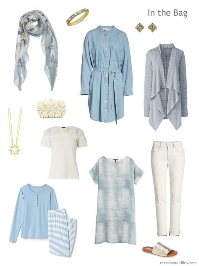 3. travel capsule wardrobe in ivory and denim blue