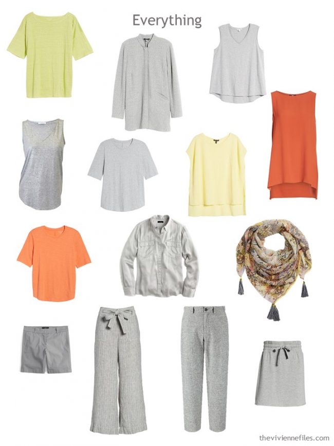 4. 12-piece capsule wardrobe in grey with orange, yellow and green