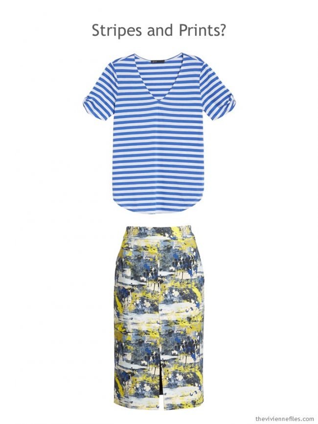 4. royal blue striped tee and blue and yellow print skirt