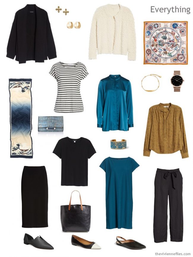 4. travel capsule wardrobe in black, ivory, teal and camel