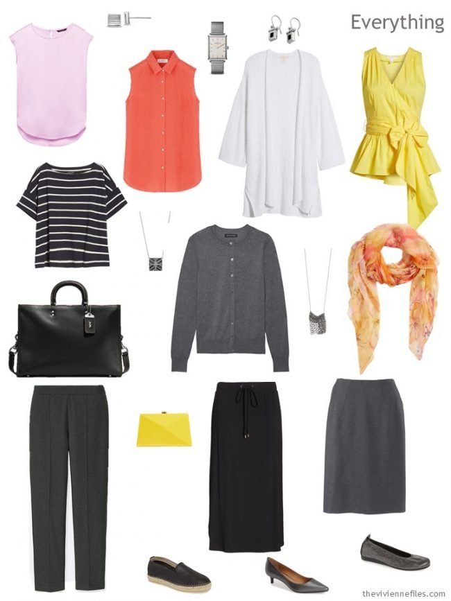 4. travel capsule wardrobe in black, white and grey with pink orange and yellow