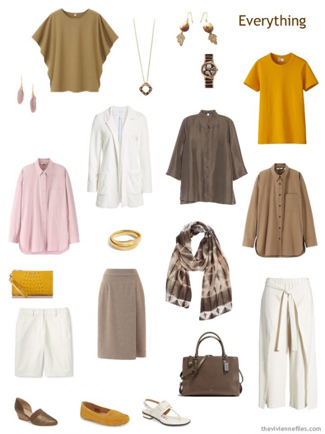 4. travel capsule wardrobe in brown, ivory, pink and gold