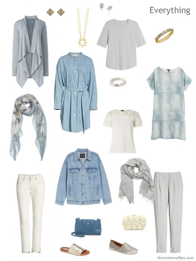 4. travel capsule wardrobe in ivory, grey and denim blue