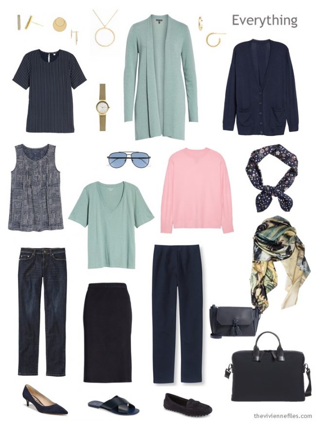 4. travel capsule wardrobe in navy, soft green and pink