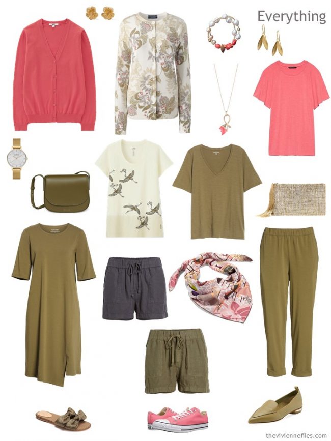 4. travel capsule wardrobe in olive, grey and coral pink