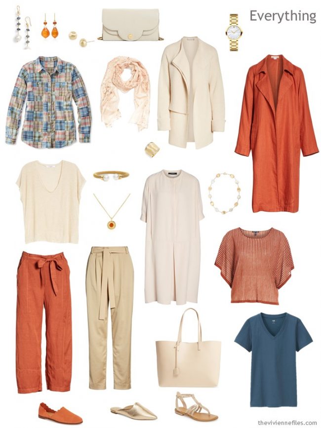 4. travel capsule wardrobe in orange, beige and blue