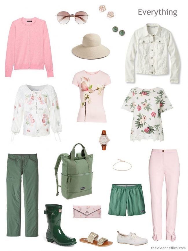 4. travel capsule wardrobe in pink, ivory and green