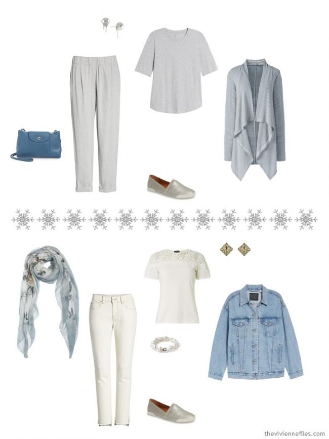 5. 2 outfits from a grey, ivory and denim travel capsule wardrobe