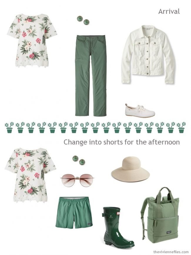 5. 2 outfits from a travel capsule wardrobe in pink ivory and green