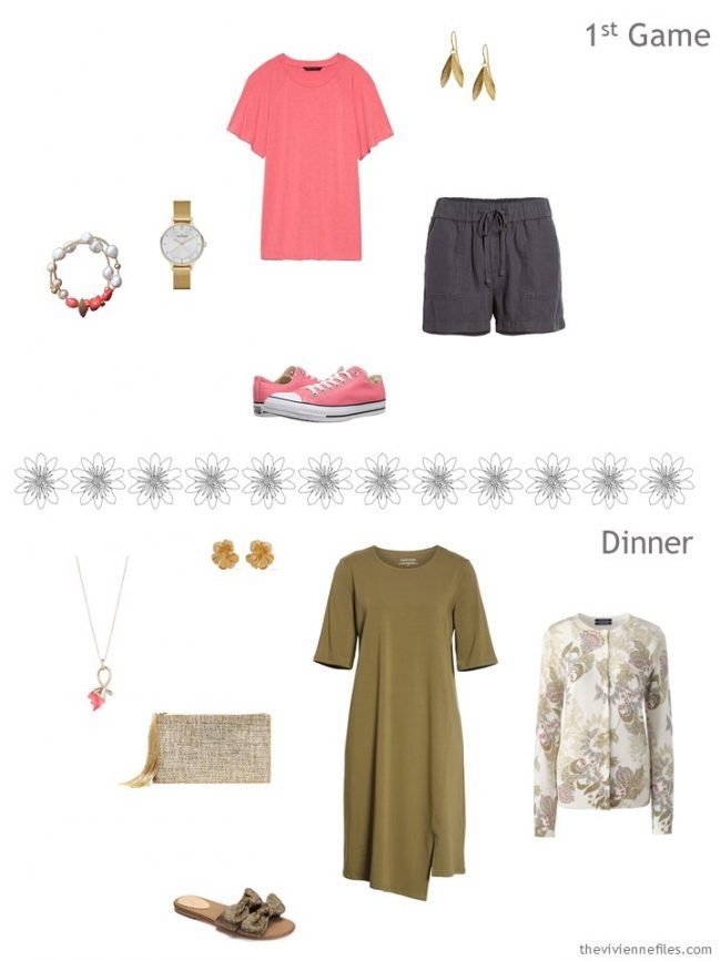 5. 2 outfits from an olive and grey travel capsule wardrobe