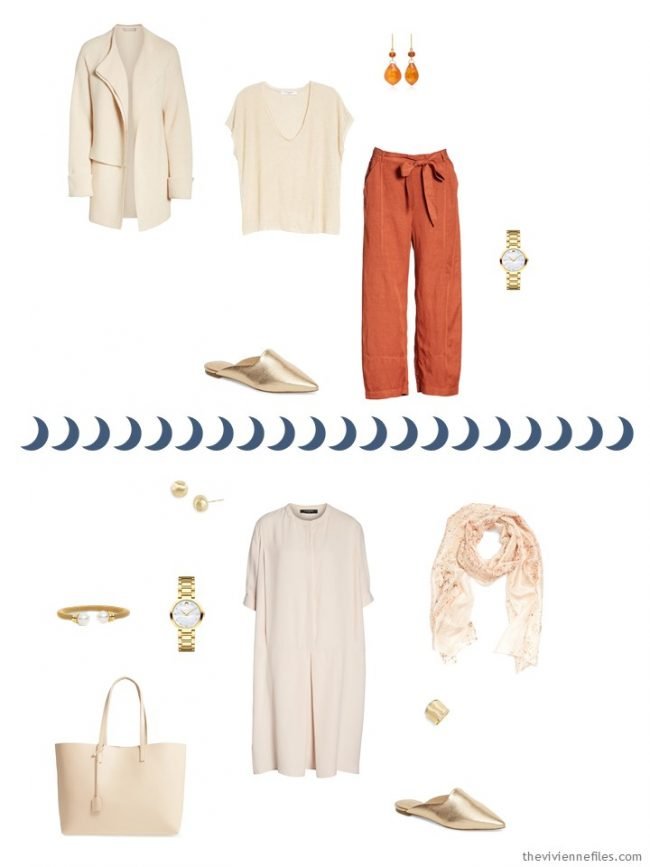5. 2 outfits from an orange, beige and blue travel capsule wardrobe