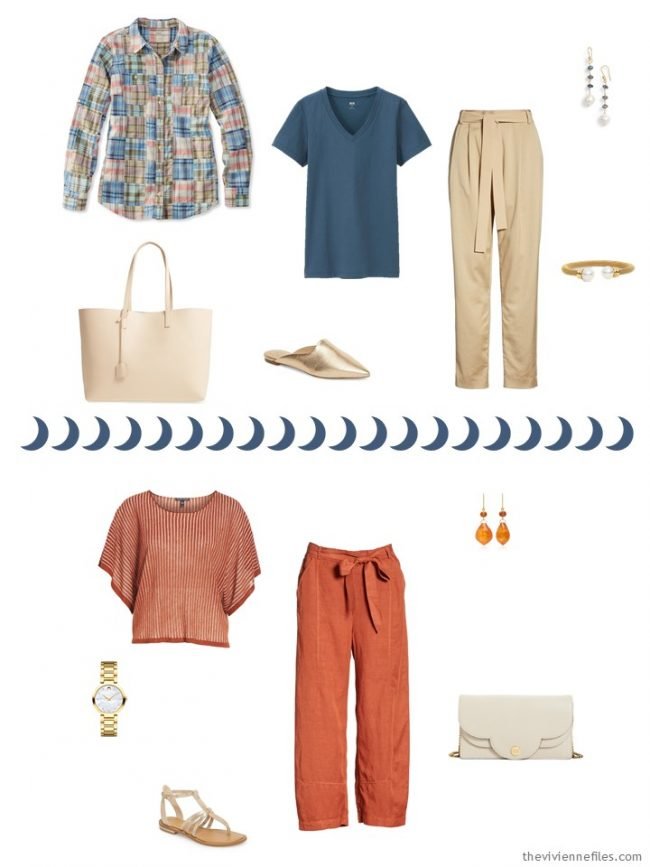 6. 2 outfits from a beige, orange and blue travel capsule wardrobe