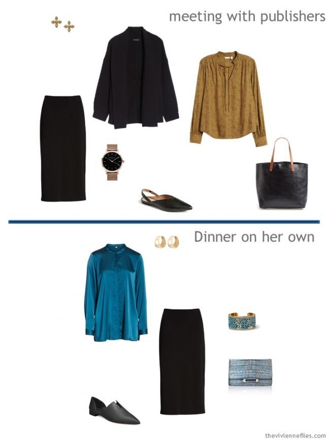 6. 2 outfits from a travel capsule wardrobe in black, teal and camel