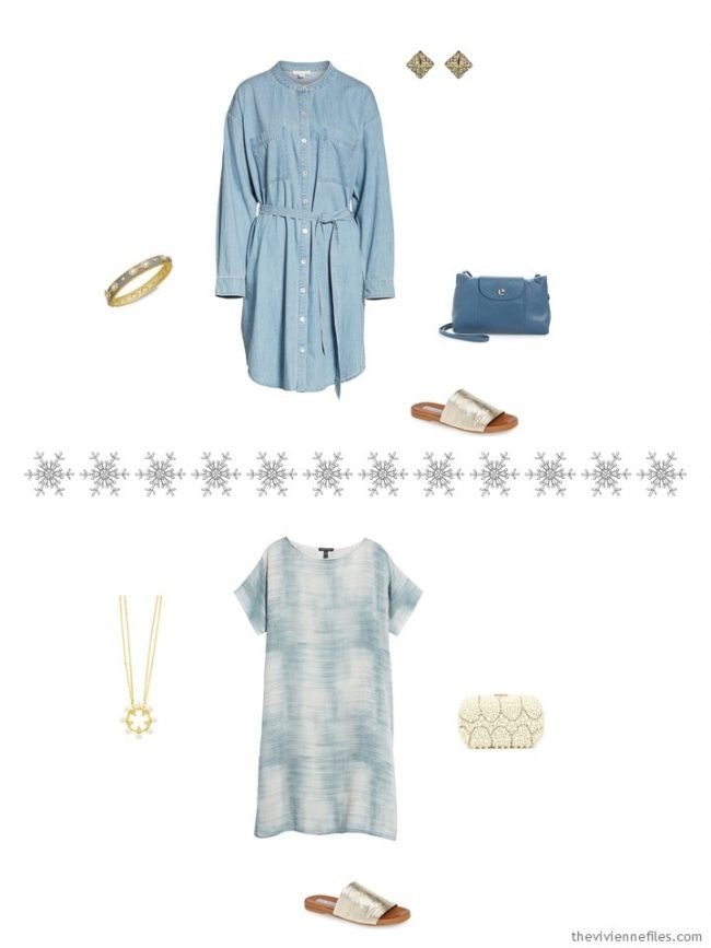 6. 2 outfits from a travel capsule wardrobe in denim, grey and ivory