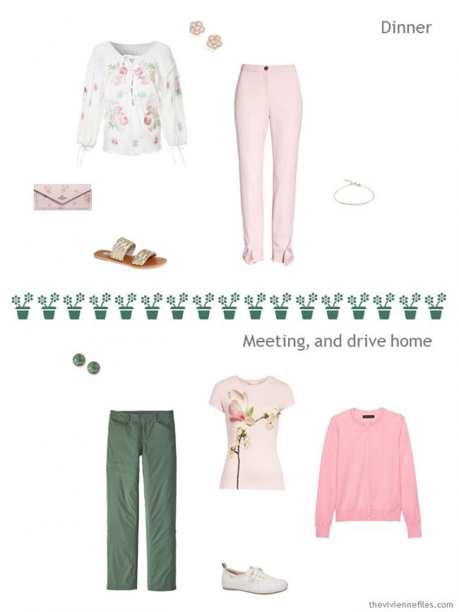 6. 2 outfits from a travel capsule wardrobe in pink, green and ivory