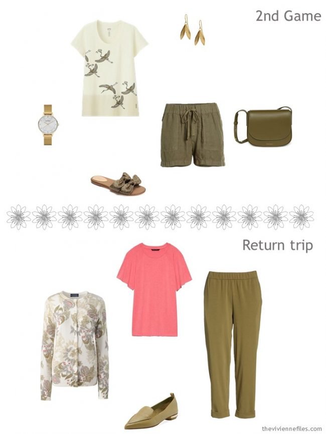 6. 2 outfits from an olive and grey travel capsule wardrobe