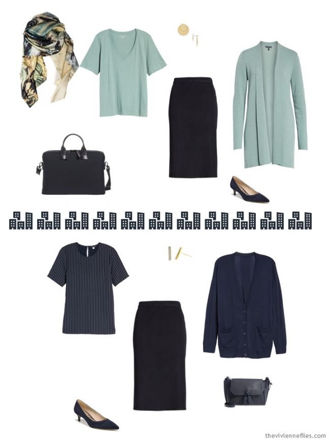 6. 2 ways to wear a navy skirt from a travel capsule wardrobe