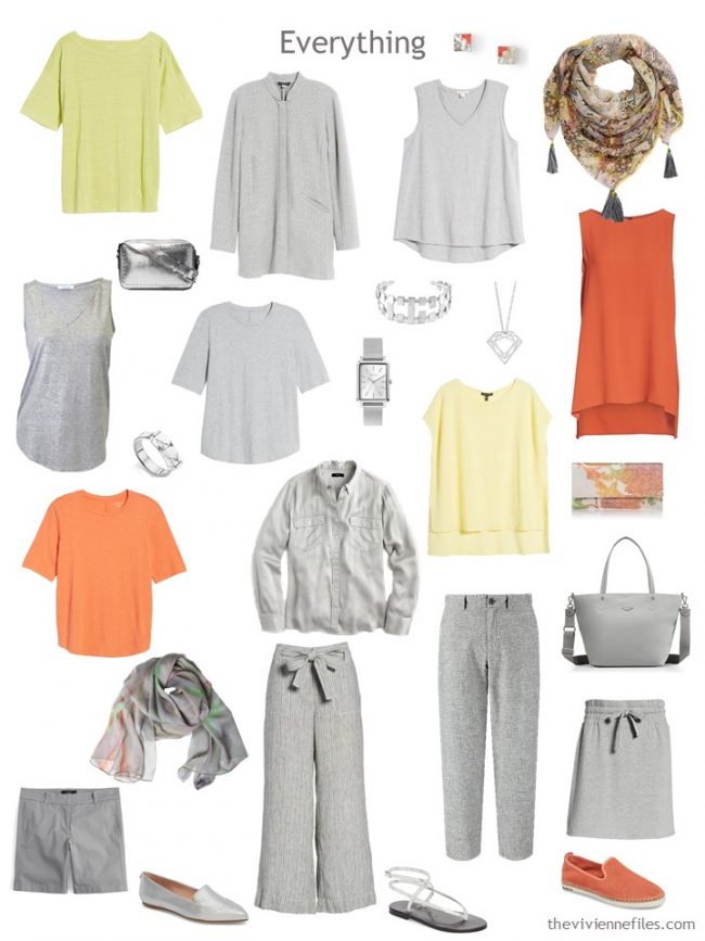 6. grey with orange, yellow and green capsule wardrobe with accessories