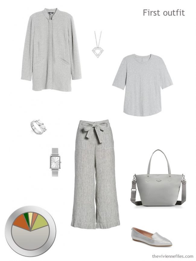 7 grey jacket, tee and pants with accessories