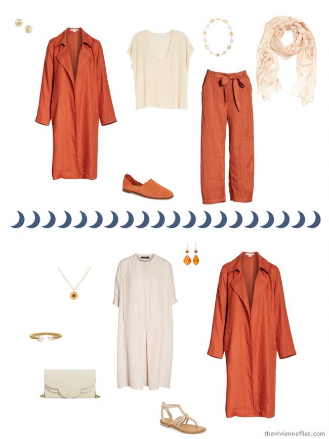 7. 2 outfits from a beige, orange and blue travel capsule wardrobe