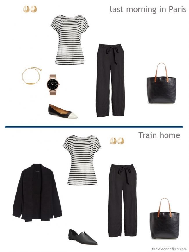 7. 2 outfits from a black, cream, teal and camel travel capsule wardrobe