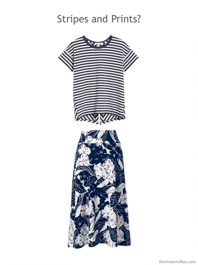 7. navy striped tee and navy floral skirt