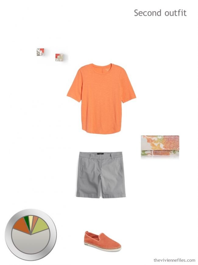 8. orange tee with grey shorts and accessories