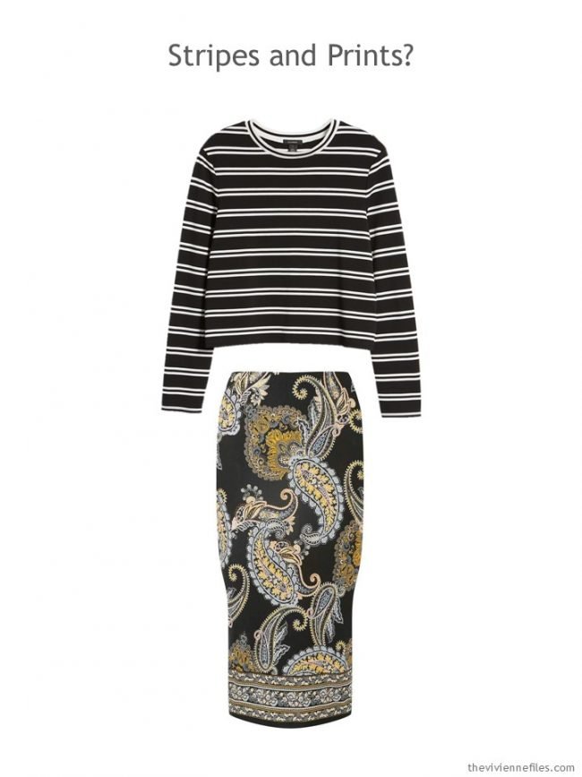 8.black striped tee and black floral skirt