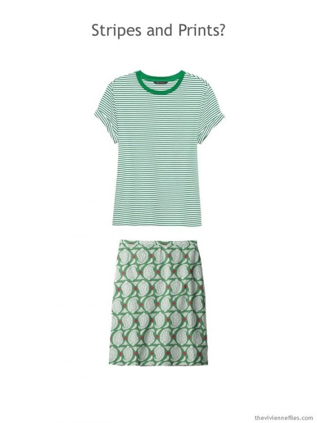 9. green and white striped tee and green geometric print skirt