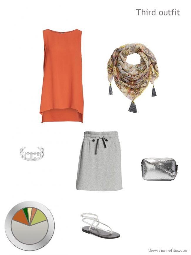 9. orange tunic and grey skirt with accessories