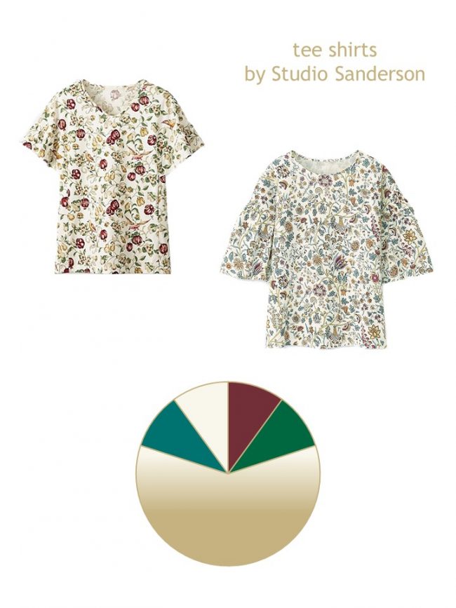 1. 2 floral tee shirts and a color palette based upon them