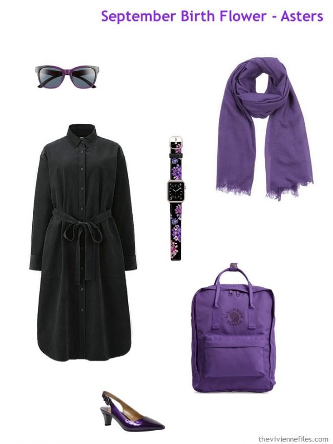 1. black dress with purple accessories