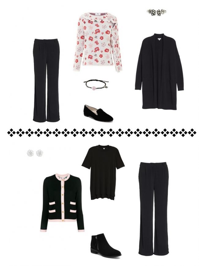 10. 2 outfits from a Project 333 wardrobe in black, coral and green